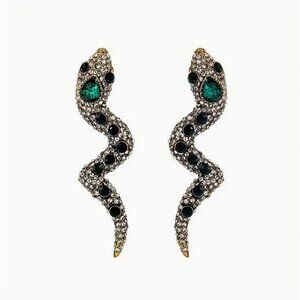 Green & Clear Rhinestone Snake Earrings Gold Tone